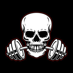 Skull with barbell in teeth. Design element for gym logo, label, emblem, sign, poster, t shirt.