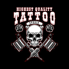 tattoo studio emblem template. Crossed tattoo machine, skull. Design element for logo, label, sign, poster, t shirt.
