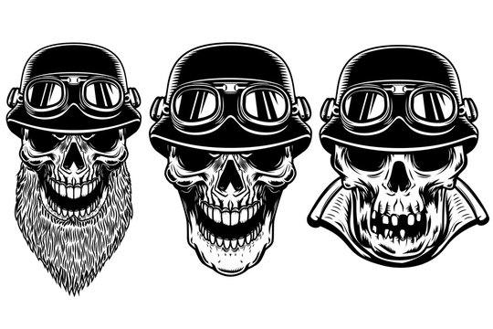 Set of biker skulls on white background. Design element for logo, label, sign, poster, t shirt.