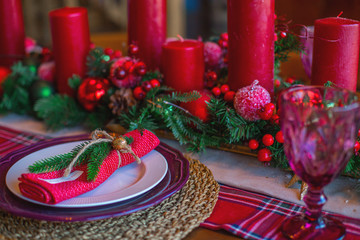 New Year's table. Table, decorated and served for the new year. Kitchen in the house