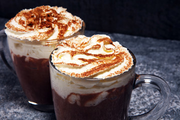 Hot chocolate cocoa with whipped cream for xmas on table