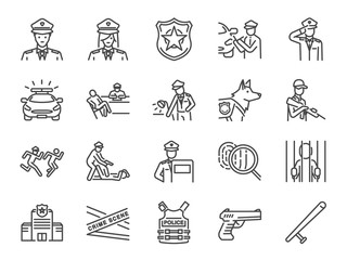 Obraz premium Police line icon set. Included the icons as cop, weapon, suspects, arrest, justice and more.