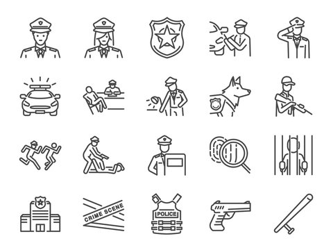 Police line icon set. Included the icons as cop, weapon, suspects, arrest, justice and more.