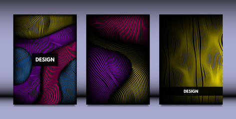 Geometry. Abstract Background Set With Movement and Volume Effect. Covers with Vibrant Gradient and Wavy Lines. Trendy Futuristic Illustration with Distort. Abstract Geometry for Brochure, Business.