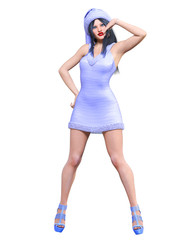 Young beautiful Santa girl. Short blue festive dress fur. Long dark hair. Bright make up. Conceptual fashion art. Realistic 3D render illustration. Christmas, New Year.