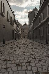 3d rendering of old town with lantern row and cobblestone street