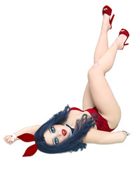 Bunny Girl. Sexy woman long legs in red corset. Red swimsuit and shoes. Conceptual fashion art. Blue eyes. Seductive candid pose. Realistic 3D render illustration. Isolate. Studio.