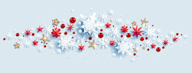 Web Banner Social Media template. Winter decoration with snowflakes, stars and baubles festive luxury background
