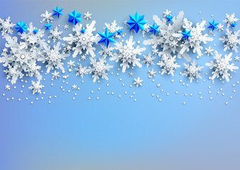 Realistic shine Banner with place for text template. Shine winter decoration on light blue background with snowflakes and stars