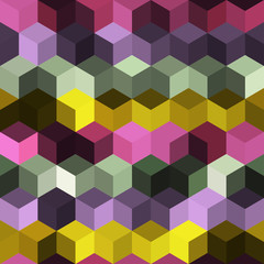 Hexagon grid seamless vector background. Colorful polygons bauhaus corners geometric design. Trendy colors hexagon cells pattern for web or cover. Honeycomb cube shapes mosaic.