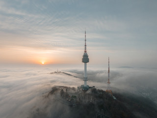 N Seoul Tower Namsan Park aerial sunrise