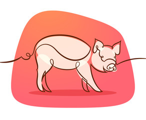 Linear pig on pink background. Continuous line drawing