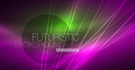 Neon glowing magic background, neon banner, night sky wallpaper. Magic light effect. Christmas abstract pattern.