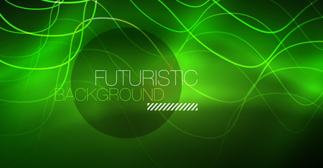 Abstract shiny glowinng color wave design element on dark background - science or technology concept