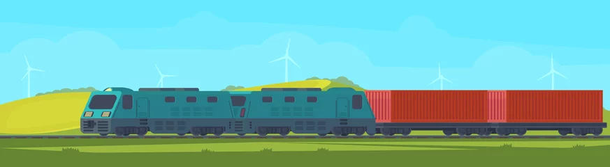 Wandcirkels tuinposter Goederentrein met container op treinwagon. Vervoer per spoor. Natuurlandschap in een heuvelachtig gebied. Platte vectorillustratie. © Ilya_kovshik
