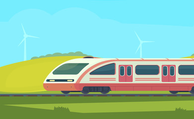 Passanger modern electric high-speed train with nature landscape in a hilly area. Railway transport. Travel by train. Vector flat illustation.