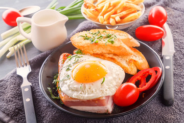 Fried egg with bacon in a black plate with fried pieces of bread, greens tomatoes, a jug of milk and French fries on a gray wooden table. Close-up