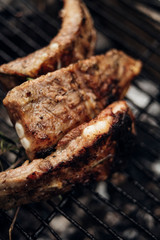 Pork ribs on the wire grill