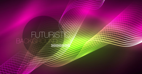 Fototapeta premium Abstract shiny glowinng color wave design element on dark background - science or technology concept