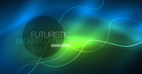 Glowing abstract wave on dark, shiny motion, Christmas and New Year magic space light. Techno abstract background