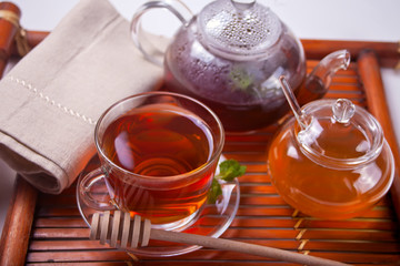 Cup of mint tea on a wooden background.