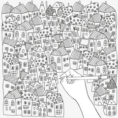 Pattern with artistically houses. Black and white. Street background in vector. Doodle style.