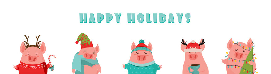 Collection of cute winter pigs. New 2019 year. Symbol of the year in the Chinese calendar. Vector cartoon isolated illustration. Year of yellow pig. - Vector