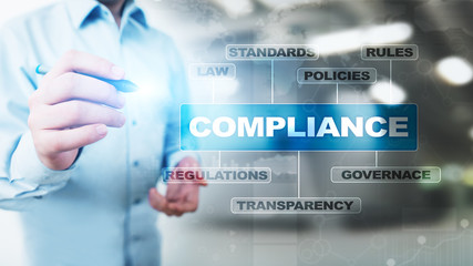 Compliance concept with icons and text. Regulations, law, standards, requirements, audit diagram on virtual screen.