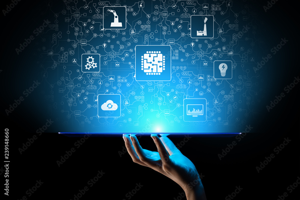 Poster microchip, artificial intelligence, automation and internet of things iot, digital integration. busi