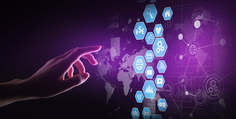 Business intelligence, Data analysis dashboard with icons charts and diagram on virtual screen.