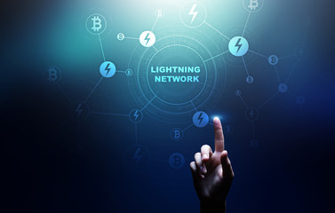 Lightning network communication in cryptocurrency technology. Bitcoin and internet payment concept on virtual screen.