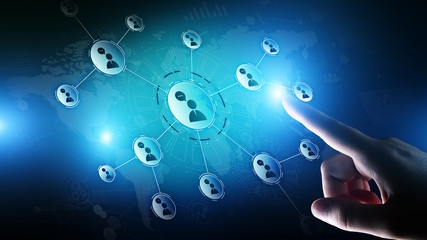 People relations network on virtual screen. Customer communication and social media concept.