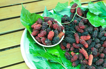 Closeup of organic fresh mulberry fruits and green leaves in ceramic bowl and plate on wooden...