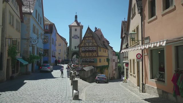 Pl&ouml;nlein with Siebersturm and Kobolzeller Tor, Rothenburg ob der Tauber, Central Franconia, Franconia, Bavaria, Germany, Europe July 2018