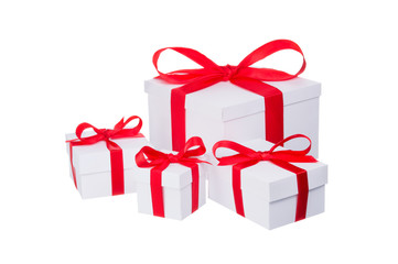 Stack of presents white gifts ribbon red bow isolated on white background