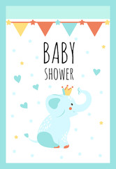 Vector Illustration. Cute character with hand lettering for baby shower. Funny elephant and hearts around. Poster for the kid's birthday with text.