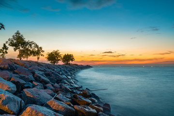 long exposure, view at dusk of  breakwater