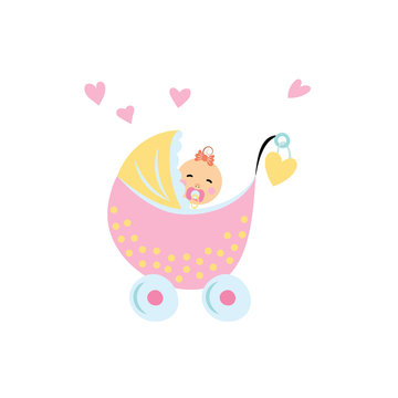 Vector Illustration. Cartoon style icon of happy baby in baby carrage. Cute character for baby shower design card.