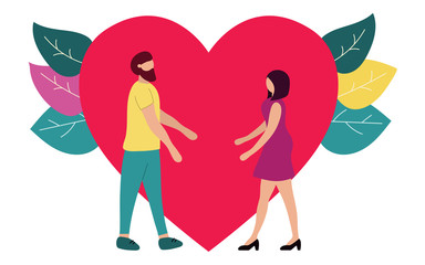 Valentine's day greeting card. Woman and man couple on big heart. Design for valentine's festival, dating site. Modern flat vector illustration.