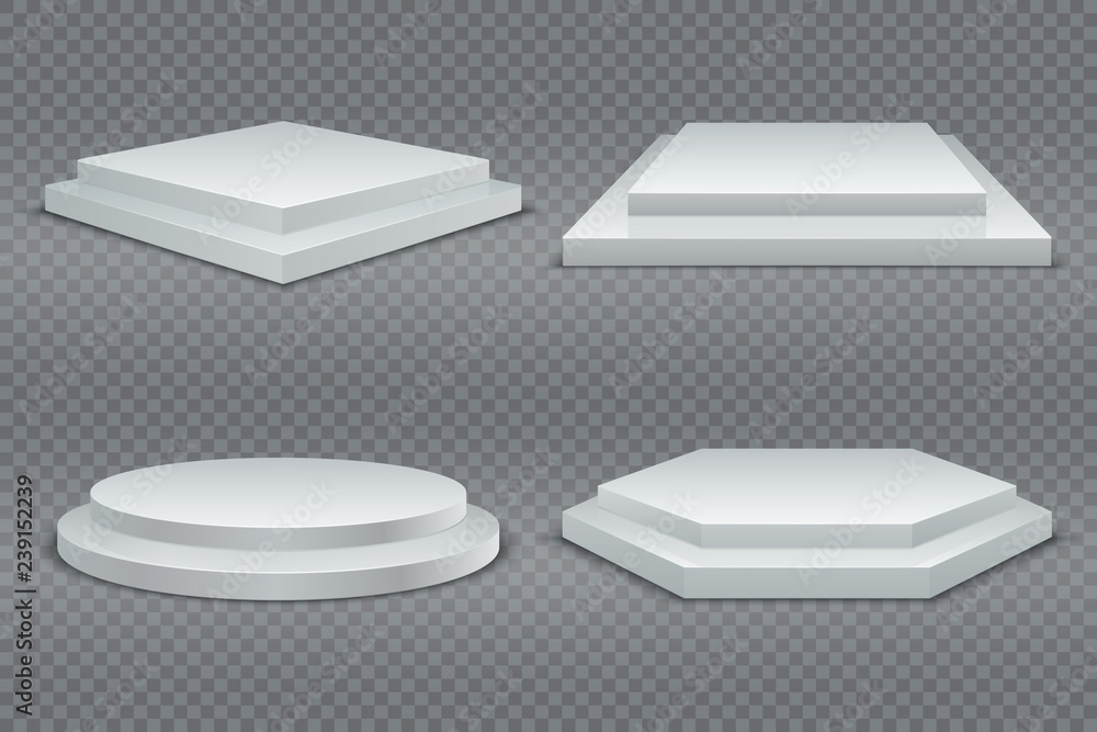 Poster white podiums. round and square 3d empty podium with steps. showroom pedestals, floor stage platform