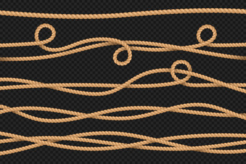 Rope borders. Cord threads, twisted ropes texture. Marine realistic sailor string 3d vector set - obrazy, fototapety, plakaty