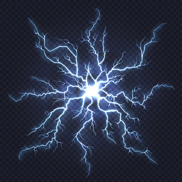 Lightning thunder. Flash electricity, spark strike, blue light blitz electric flare, natural energy flash lightning night storm vector