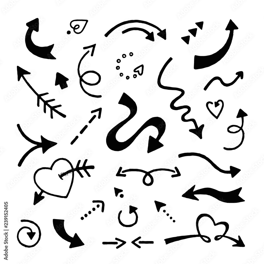 Aufkleber Doodle arrows set. Sketch arrows, hand drawn curve pointer icons isolated on white background