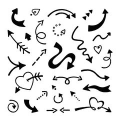 Doodle arrows set. Sketch arrows, hand drawn curve pointer icons isolated on white background