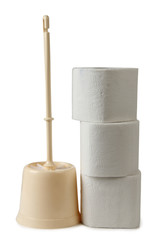 Toilet brush and roll of paper on a white background