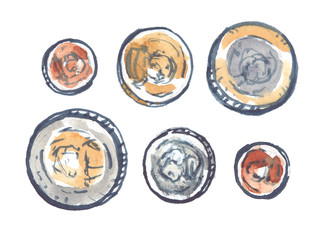 Rows of imaginary coins painted in watercolor on clean white background