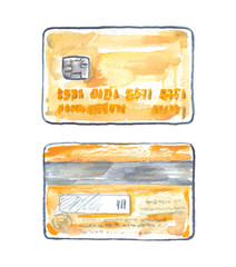 Flat lay of golden credit card from both sides painted in watercolor on clean white background