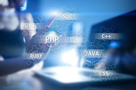 Web development tools concept on virtual screen. Programming language and scripts. PHP, SQL, HTML, Java and others.