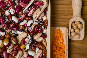 Vegan protein source. Beans, lentils, chickpea. Top view on wooden table. Healthy vegetarian food
