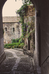 Medieval street arch in provence. Ancient european architecture. Charming brick castle gate with flowers and plants and lantern. Romantic travel concept. Stone building exterior. Narrow village street